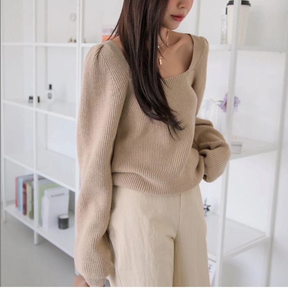 Beige Puff Sleeve Square Neck Ribbed Knit Sweater
